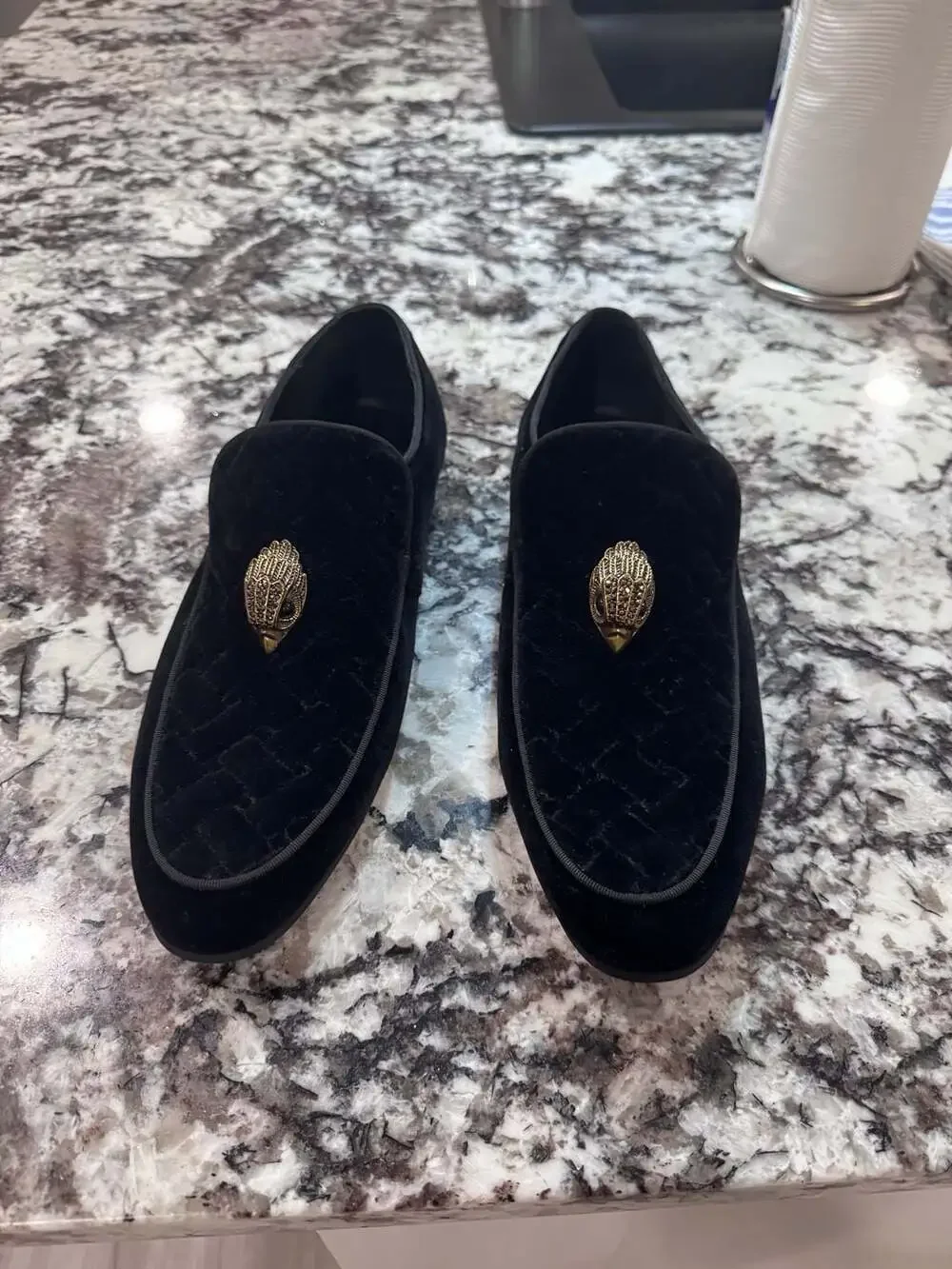Kurt Geiger London Hugh Eagle Head Black Quilted Velvet Loafers